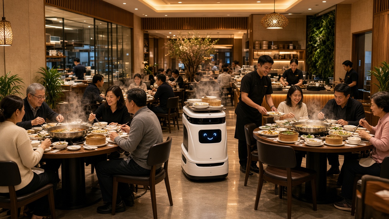 Service robot delivering plates in a busy restaurant